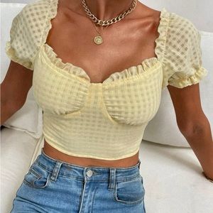 SHEIN Yellow Plaid Crop Top with Puff Sleeve Size Small